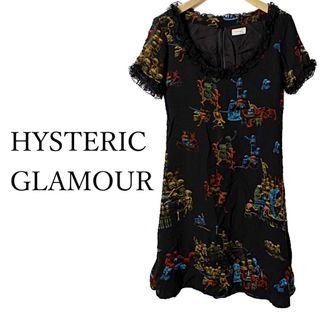 ヒステリックグラマー(HYSTERIC GLAMOUR)のヒステリックグラマー【美品】スカル 総柄 シフォン 膝丈 フリル ワンピース(ミニワンピース)