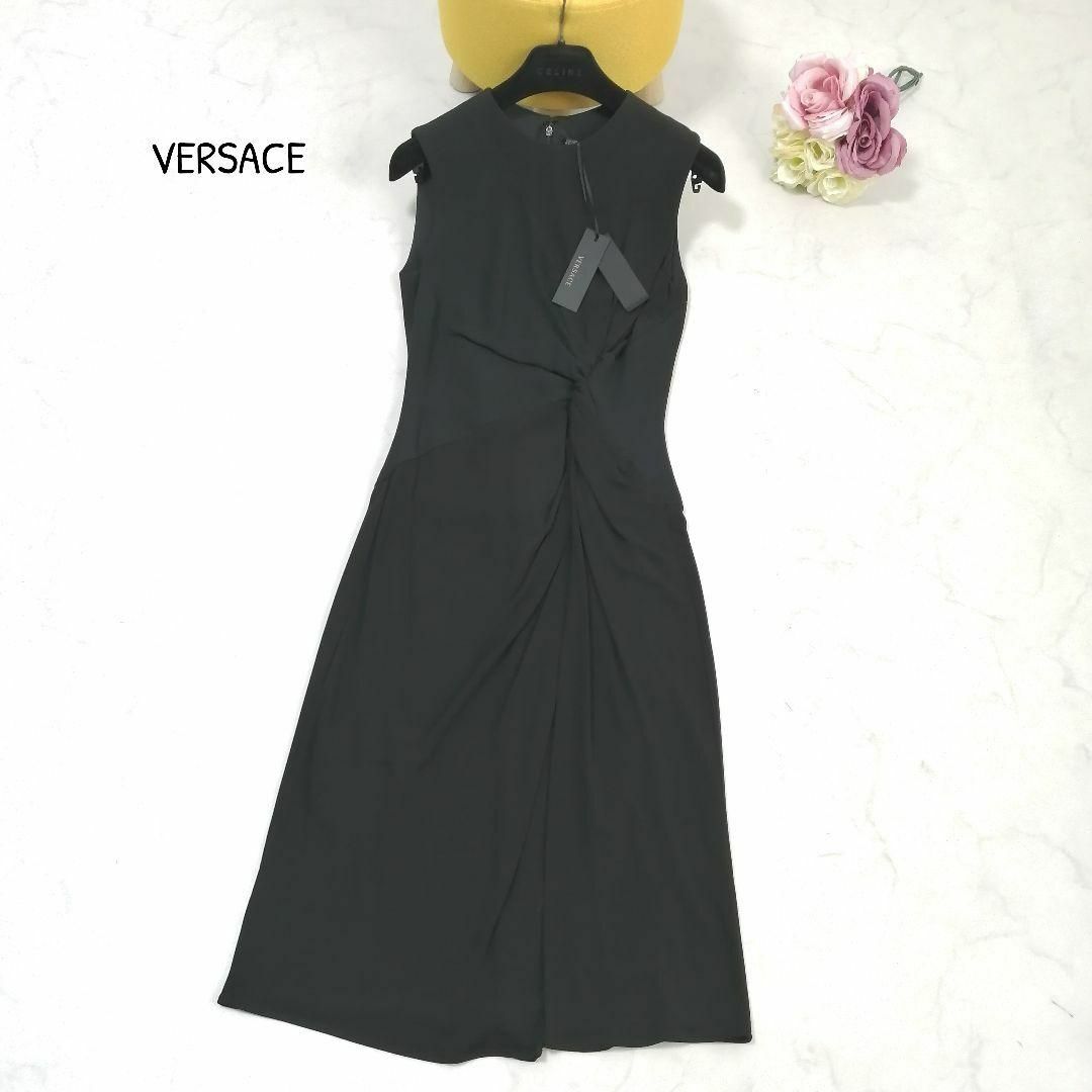新品タグ付✨ ヴェルサーチ　ワンピース　ドレス　スリット　異素材　上品　38　黒
