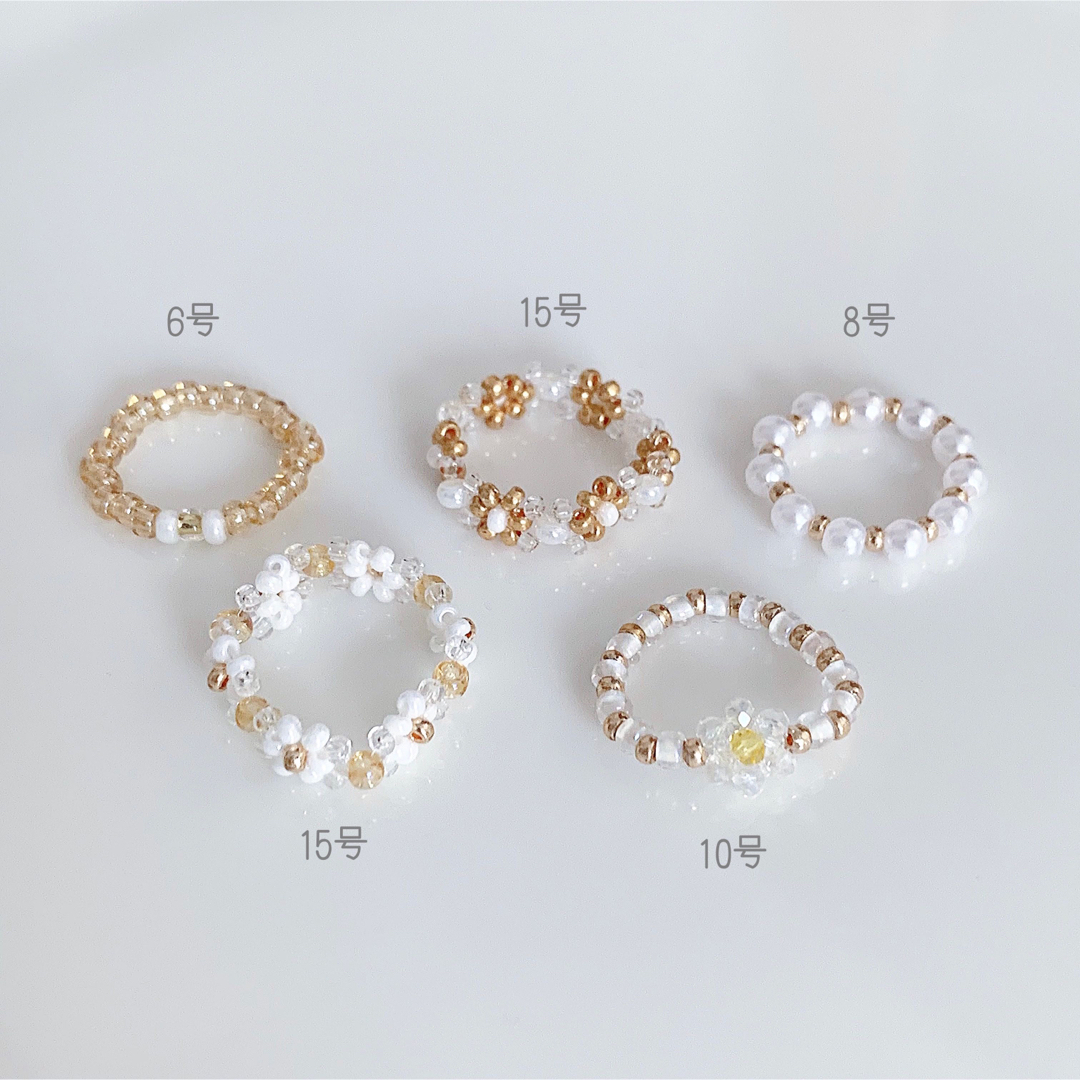 韓国ビーズ♡リング5点set＼White×Gold／ ハンドメイドのアクセサリー(リング)の商品写真