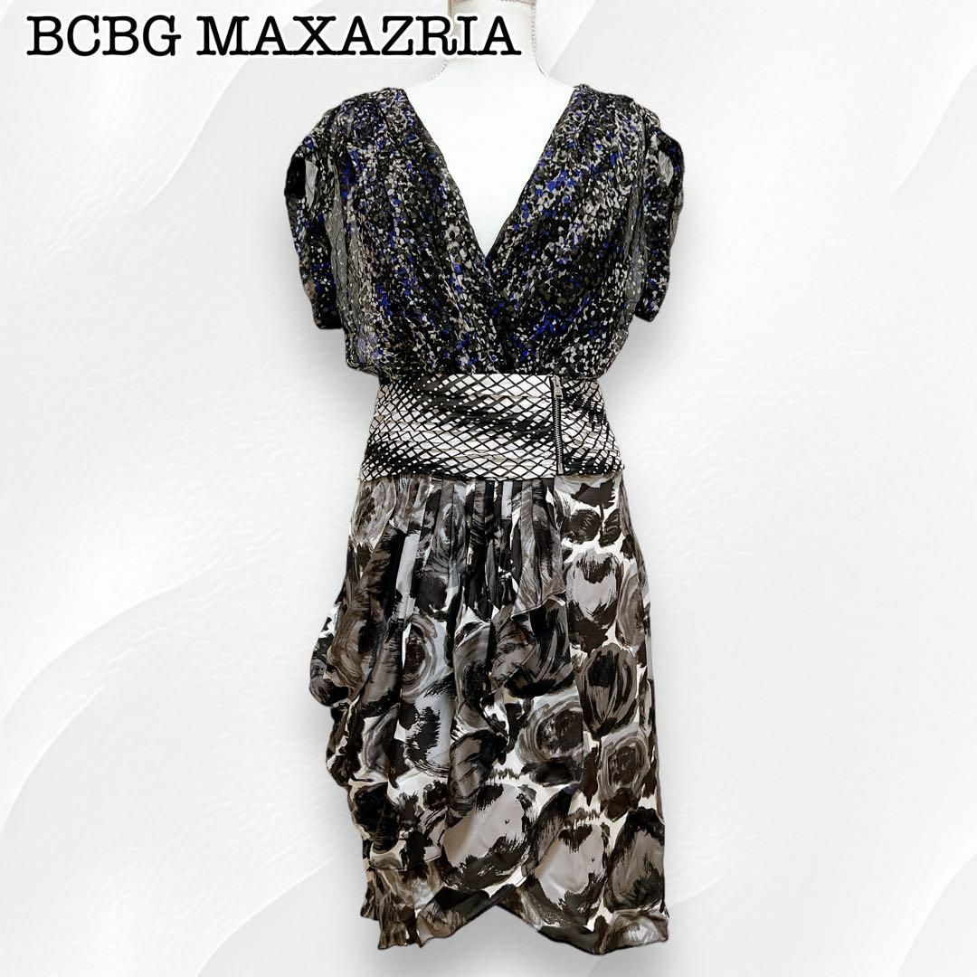 BCBGMAXAZRIA(ビーシービージーマックスアズリア)の【美品】BCBG MAXAZRIA シルク100% カシュクールワンピース 2 レディースのワンピース(ひざ丈ワンピース)の商品写真