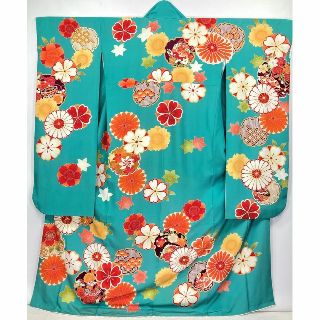 京友禅 斉藤三才 金駒刺繍 振袖 袋帯 トール 正絹 青緑 赤 黒 040