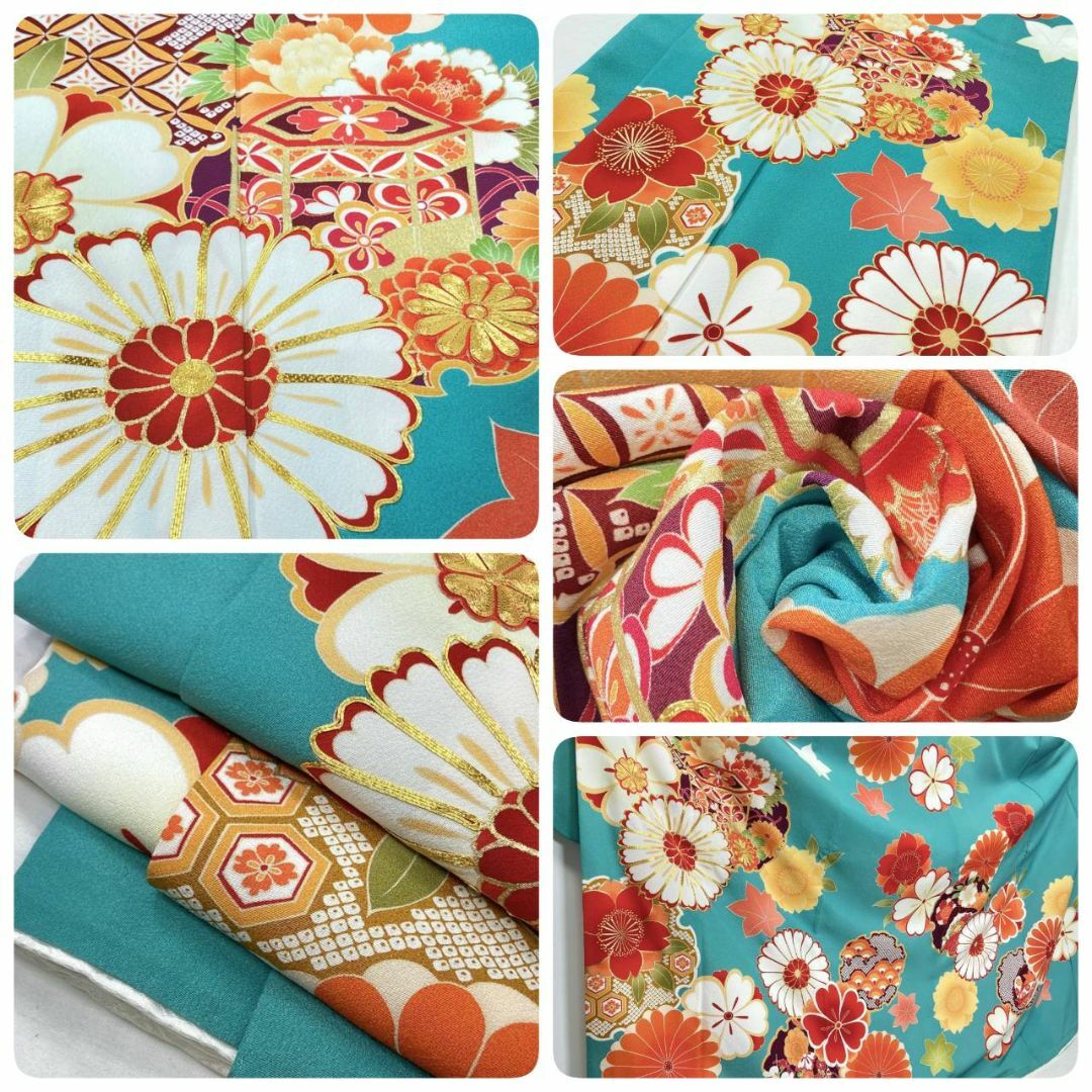 京友禅 斉藤三才 金駒刺繍 振袖 袋帯 トール 正絹 青緑 赤 黒 040