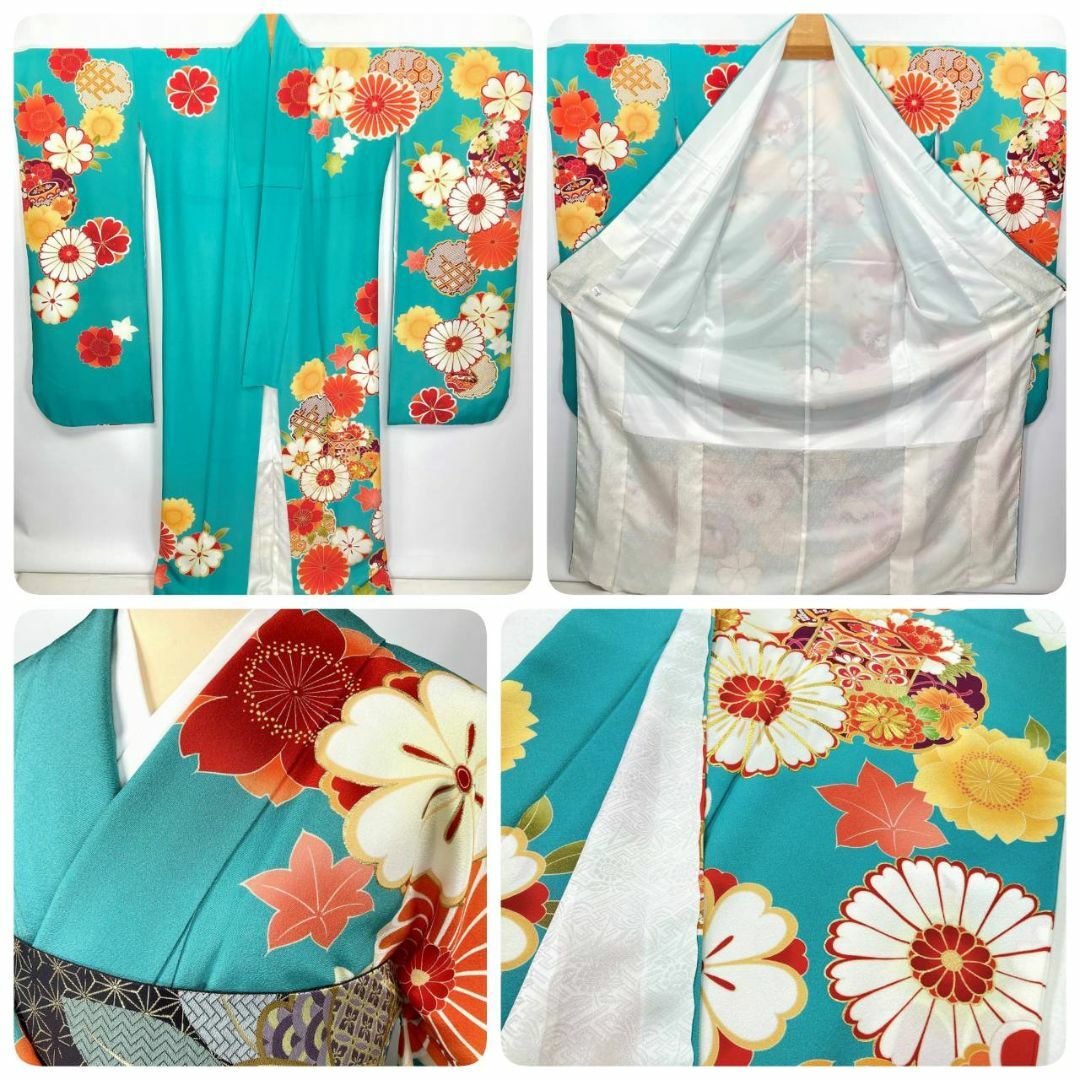 京友禅 斉藤三才 金駒刺繍 振袖 袋帯 トール 正絹 青緑 赤 黒 040