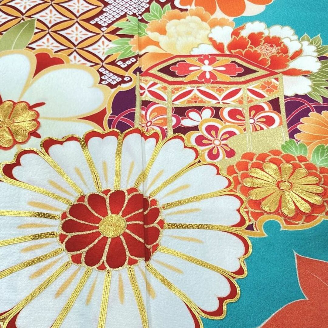 京友禅 斉藤三才 金駒刺繍 振袖 袋帯 トール 正絹 青緑 赤 黒 040
