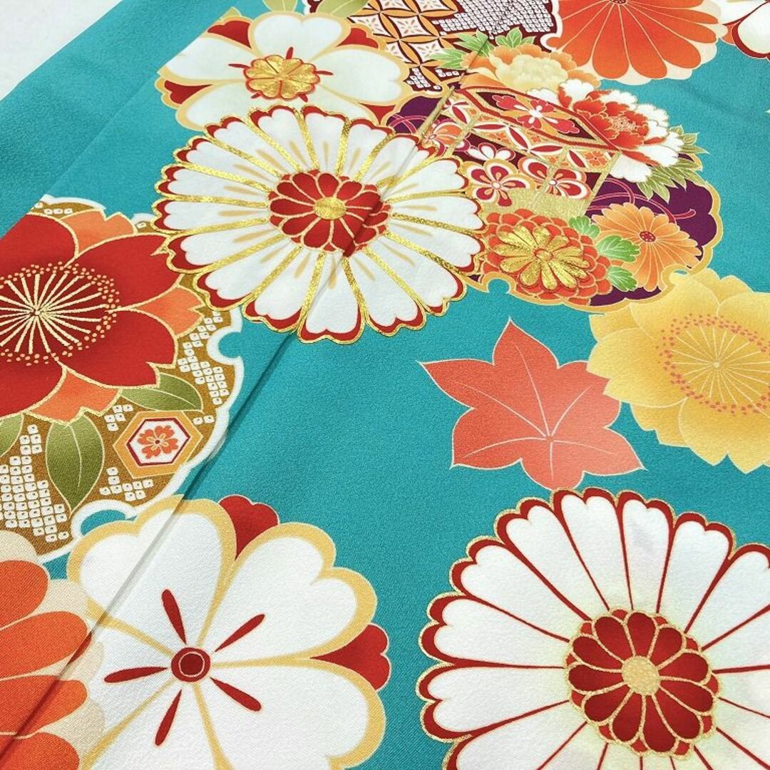 京友禅 斉藤三才 金駒刺繍 振袖 袋帯 トール 正絹 青緑 赤 黒 040