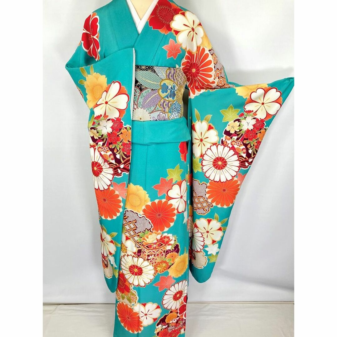 京友禅 斉藤三才 金駒刺繍 振袖 袋帯 トール 正絹 青緑 赤 黒 040