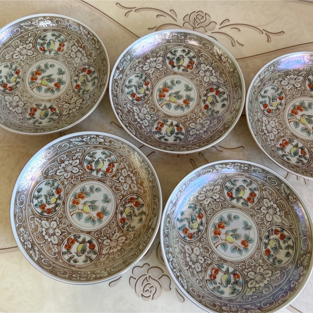 有田焼　幸泉窯　中皿揃　5枚セット　金彩　色絵　花鳥　丸紋　花唐草　和皿　和食器