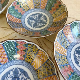 ＊【未使用品】有田焼 南山 花祥瑞 むし碗揃 5客 茶碗蒸し 色絵 金彩 菱紋