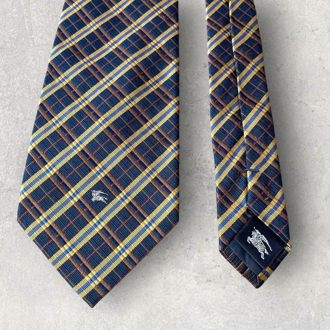 美品 Burberry バーバリー ストライプ チェック柄 ネクタイ ネイビー
