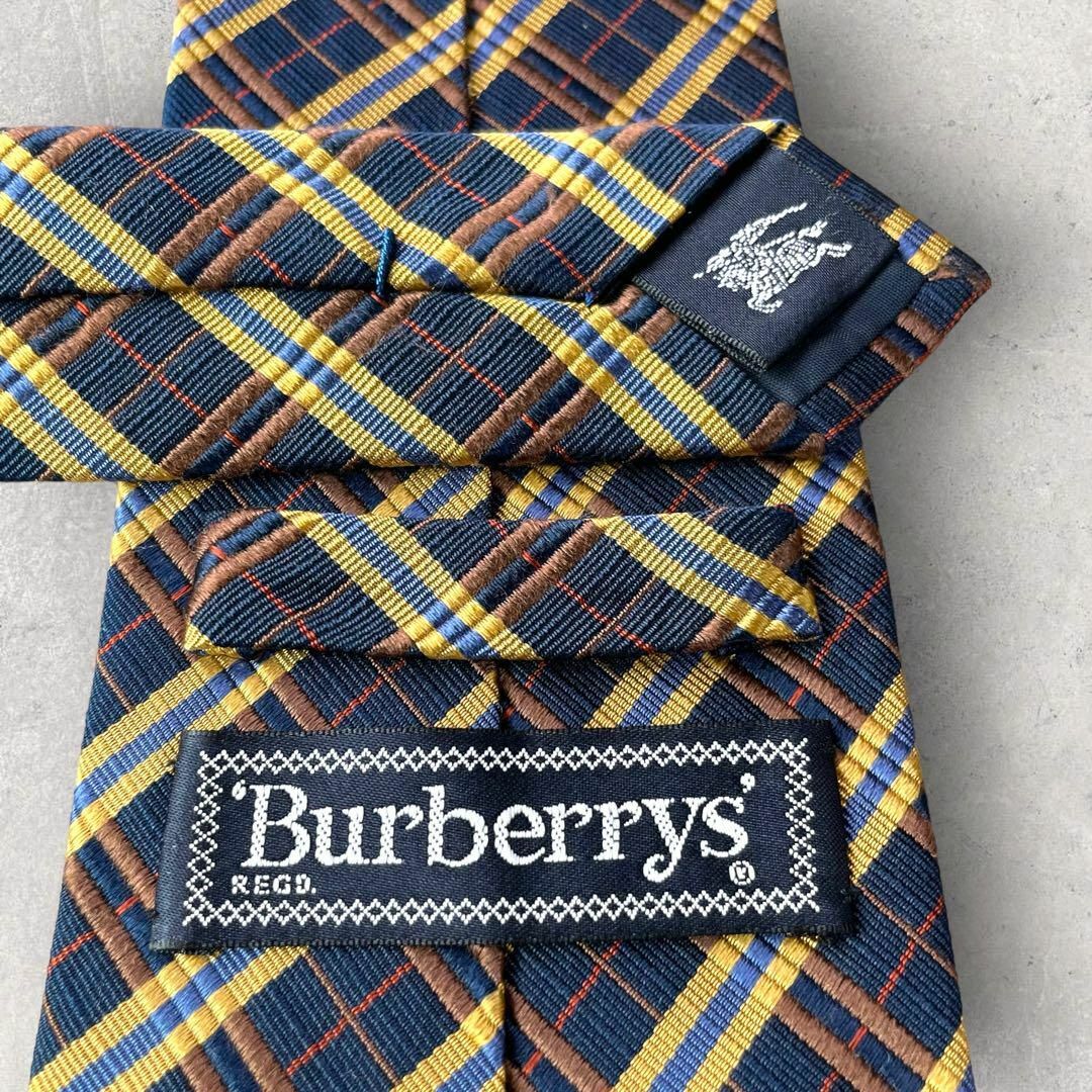 美品 Burberry バーバリー ストライプ チェック柄 ネクタイ ネイビー