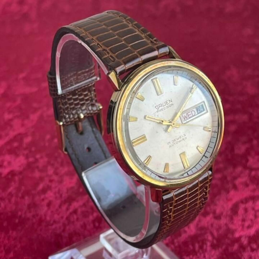 【高機能デイデイト！1970sグリュエン】丸形ゴールド自動巻きメンズ腕時計