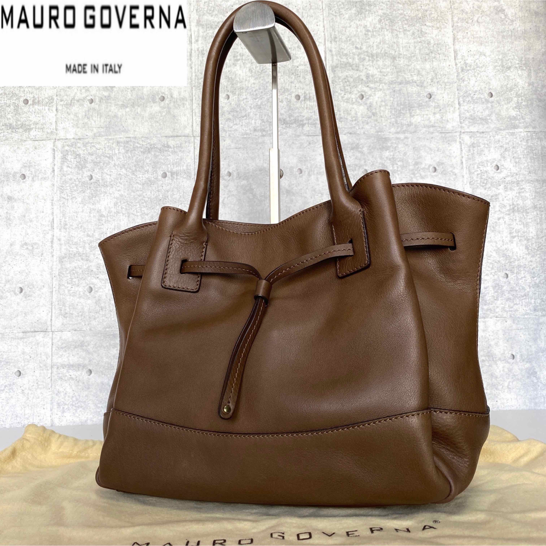良品】MAURO GOVERNA ブラウン カーフレザー 肩掛け トートバッグ-