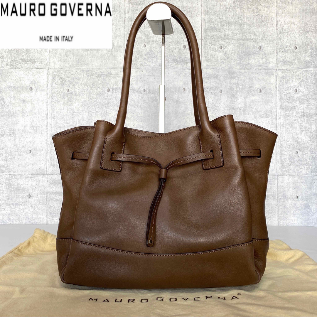 良品】MAURO GOVERNA ブラウン カーフレザー 肩掛け トートバッグ-
