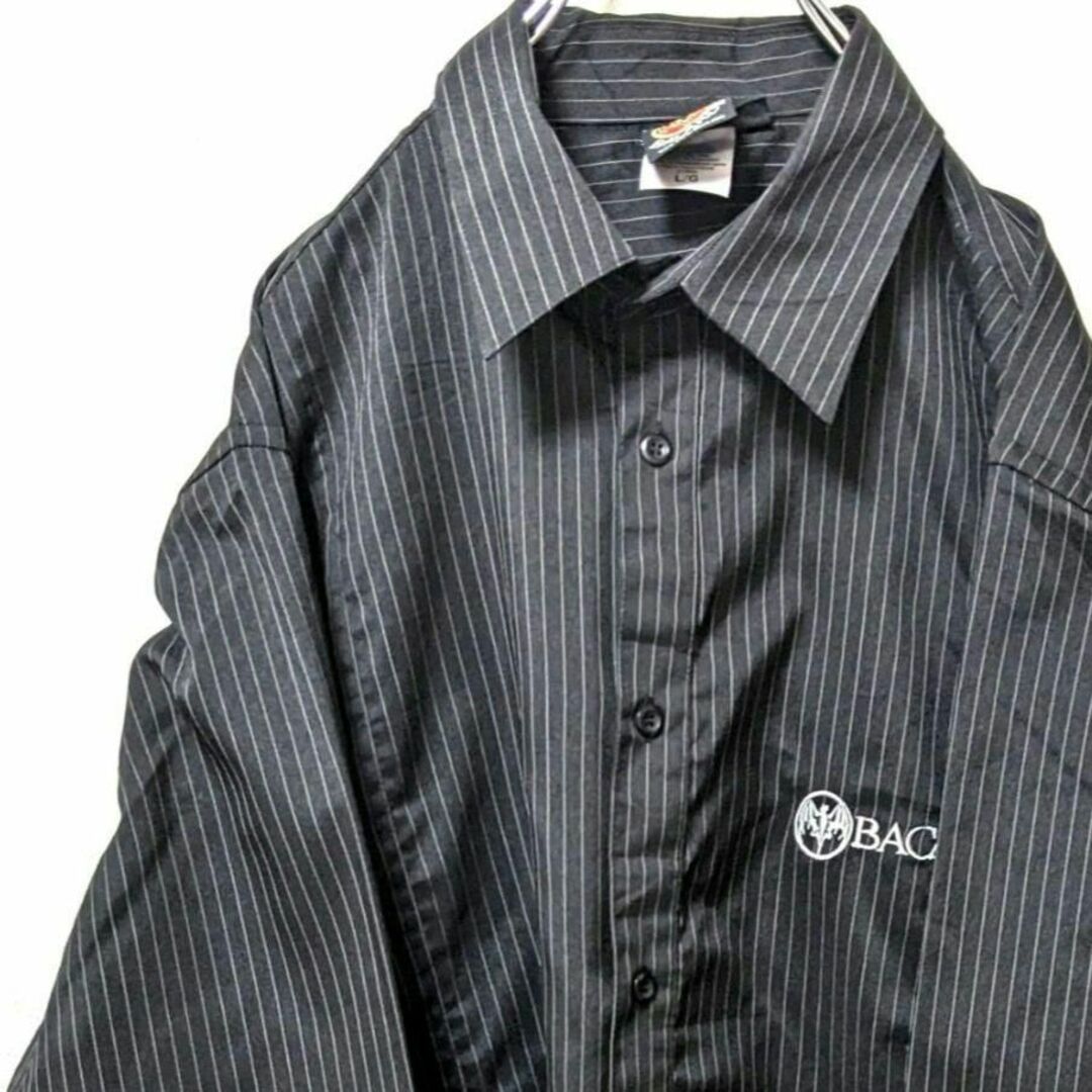 バカルディBACARDIロゴ刺繍 ワークシャツ ブラック黒色ストライプL