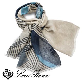 ロロピアーナ(LORO PIANA)の新品ロロピアーナLoro Pianaメンズ　リネンストール　ネイビー×ベージュ(マフラー)