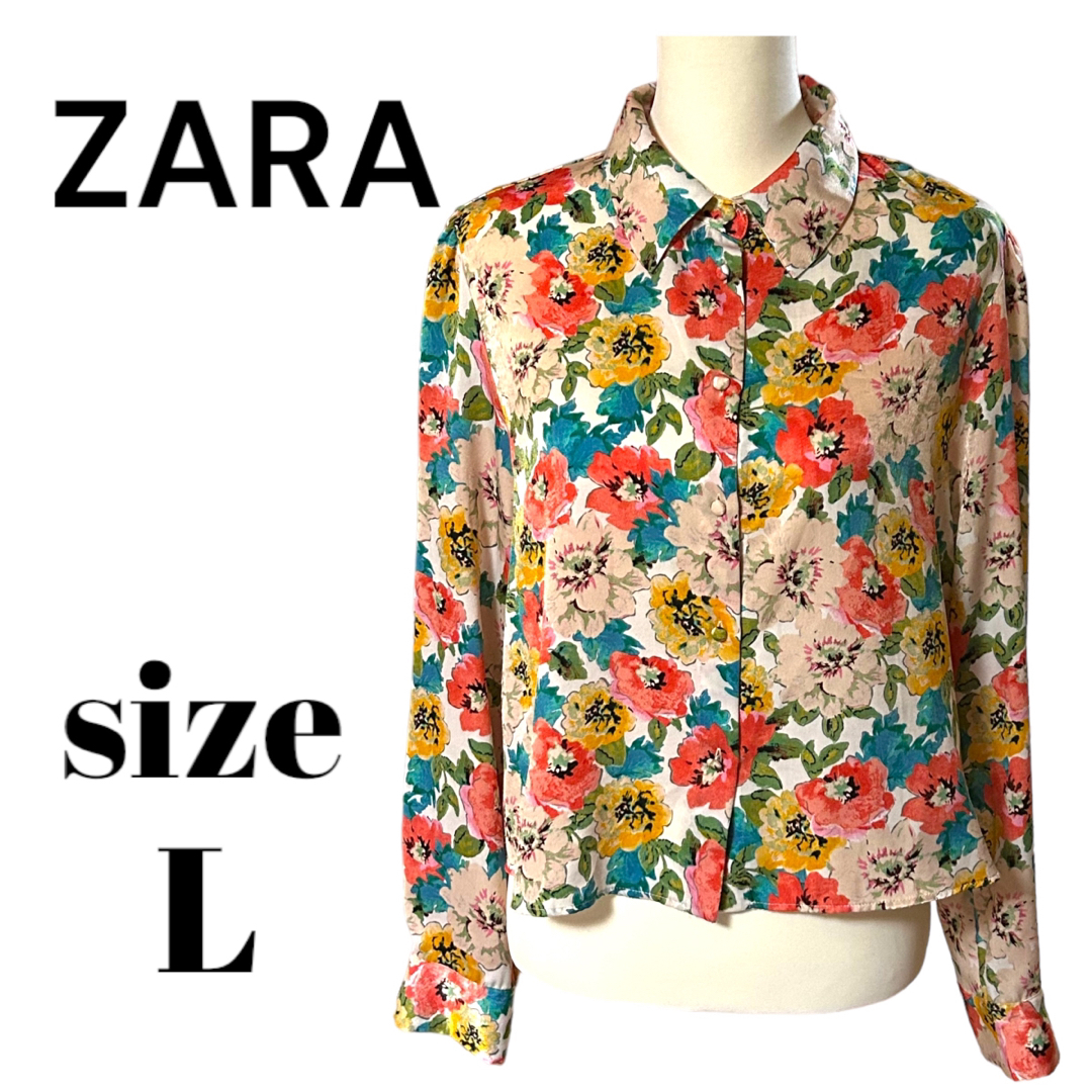 ZARA 花柄  フラワー レトロ  長袖シャツ ブラウス ショート丈 L