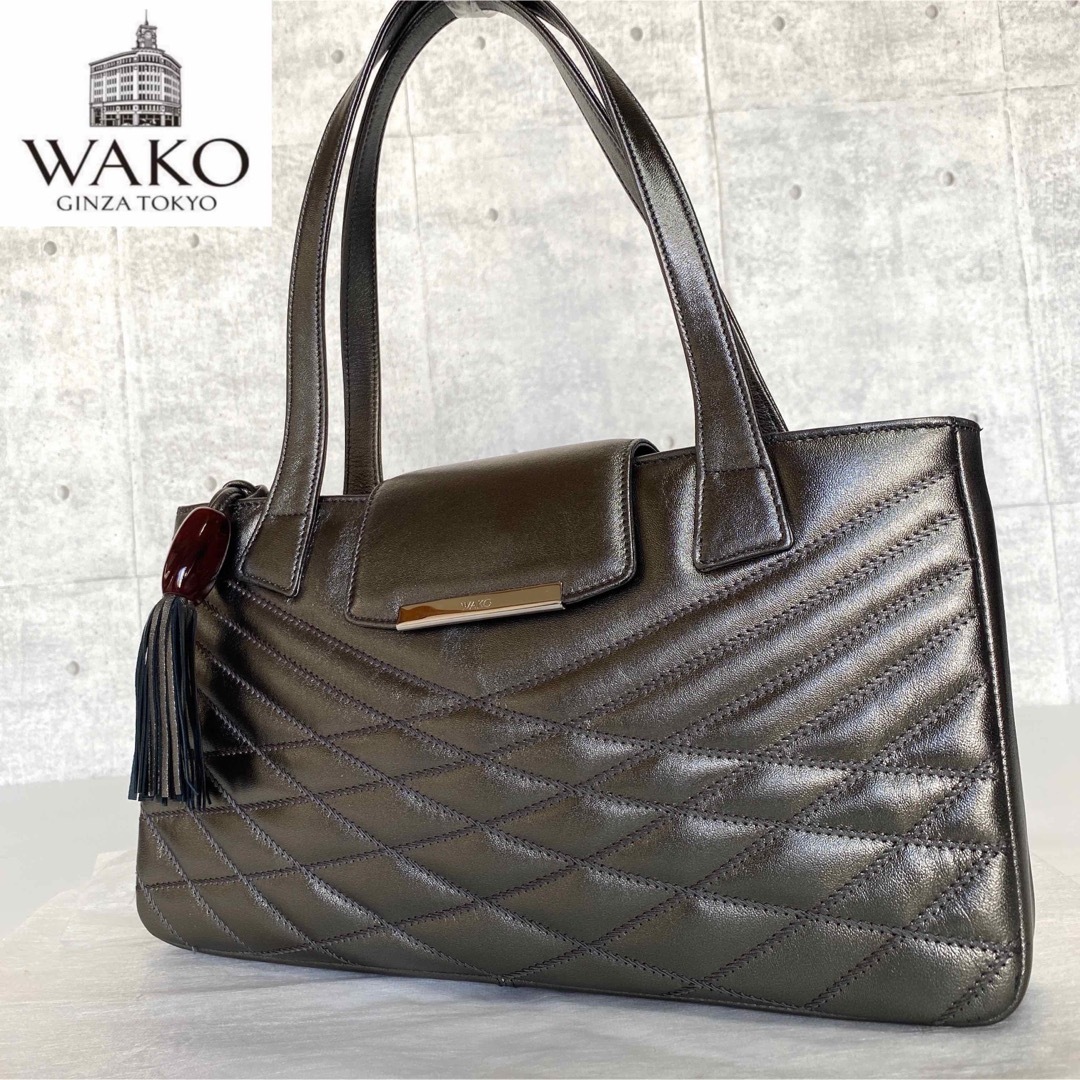 美品】WAKO 銀座和光 キルティング レザー メタリックシルバー