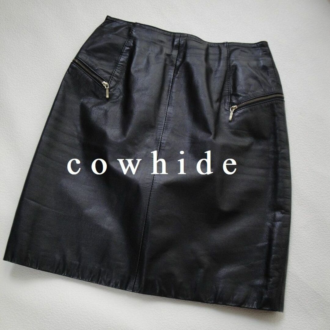 約32cmヒップ幅【送料込】◆COWHIDE◆ ブラック レザー ミニ スカート
