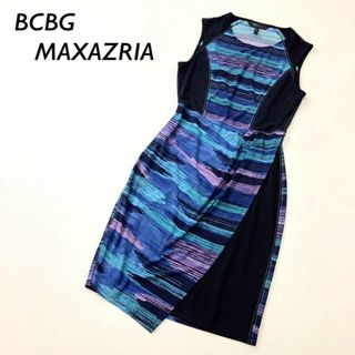 ビーシービージーマックスアズリア(BCBGMAXAZRIA)の【美品】BCBG maxazria 総柄 ワンピース ブラック ブルー系(ひざ丈ワンピース)