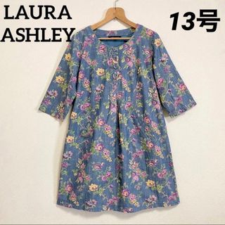 ローラアシュレイ(LAURA ASHLEY)の極美品　ローラアシュレイ　大きいサイズ　花柄　七分袖　チュニック　ワンピース(ひざ丈ワンピース)