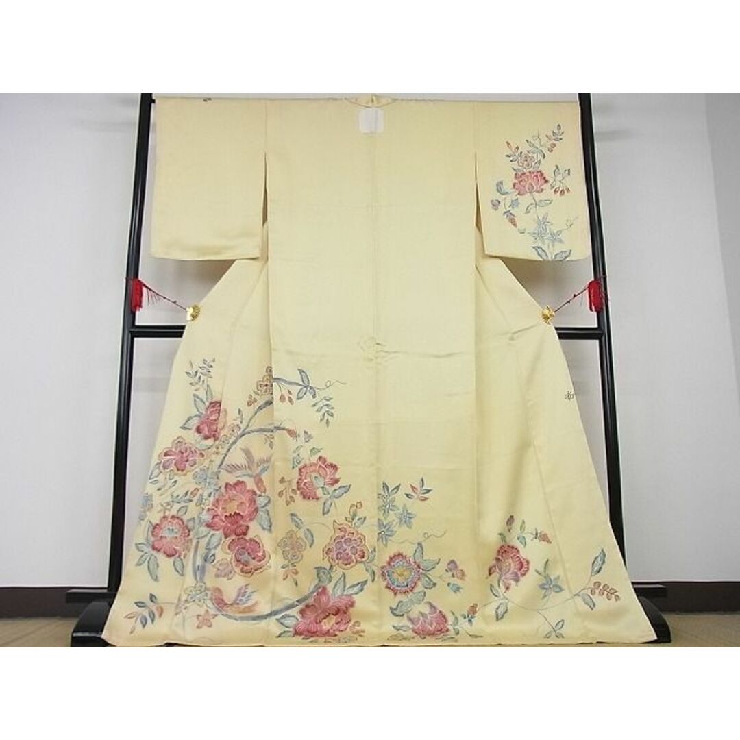 平和屋-こころ店■極上　訪問着　作家物：かず　手描き　花鳥文　ロング丈　着丈174cm　裄丈67cm　正絹　逸品　未使用　3kk2675