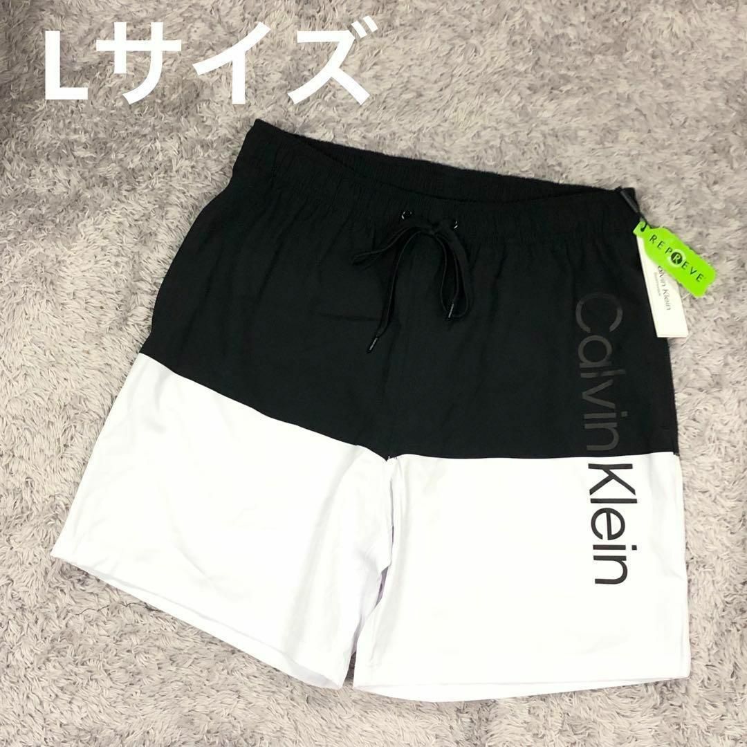 L⭐カルバンクライン⭐Calvin Klein⭐新品 海パン水着 白黒 デカロゴ-