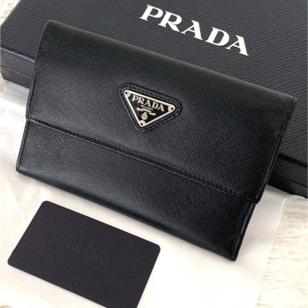 美品★PRADA プラダ  三つ折り財布 三角ロゴ サフィアーノレザー ブラック