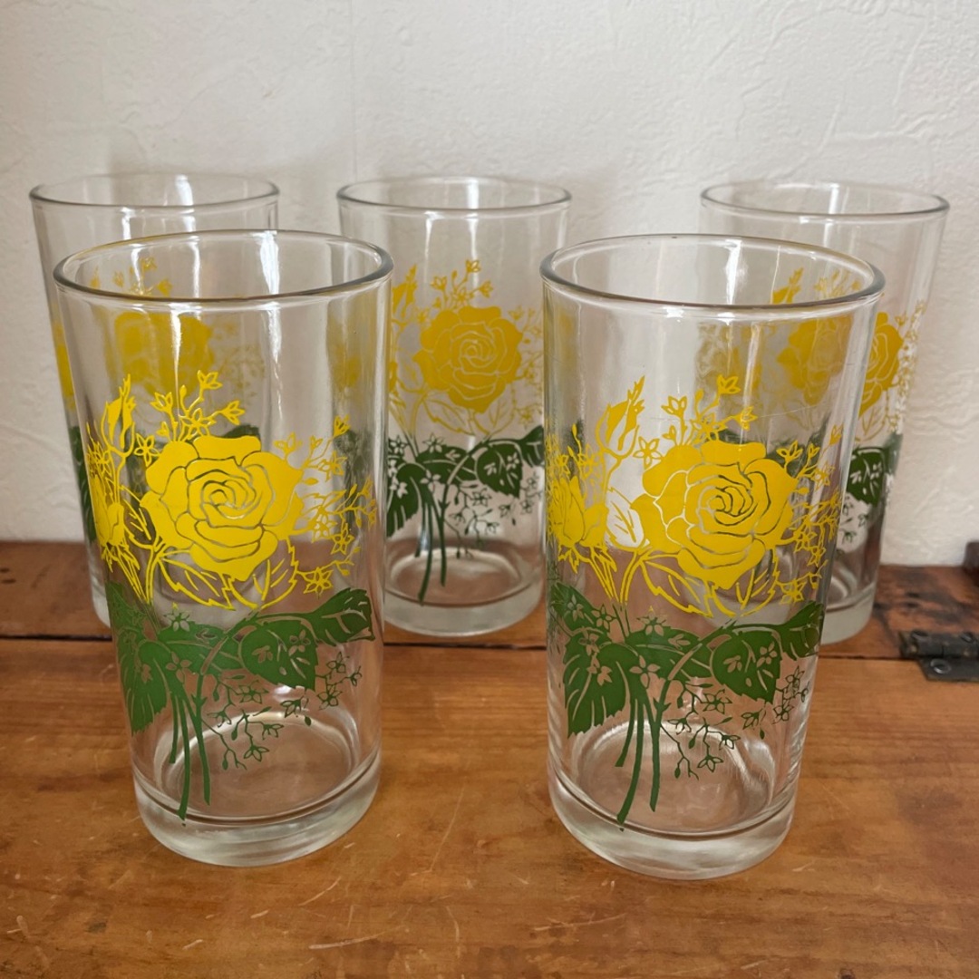 アメリカンビンテージグラス黄色バラ5個set - グラス/カップ