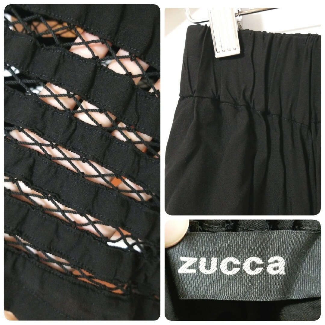 ZUCCa(ズッカ)のズッカ 春夏 黒 薄手 アシンメトリー レース フレアスカート サイズフリー レディースのスカート(ひざ丈スカート)の商品写真