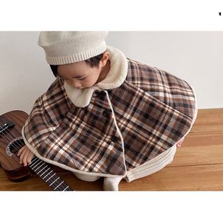 ザラキッズ(ZARA KIDS)のAOSTA  チェックボアポンチョ　ケープコート　ブラウン　Mサイズ　新品(コート)