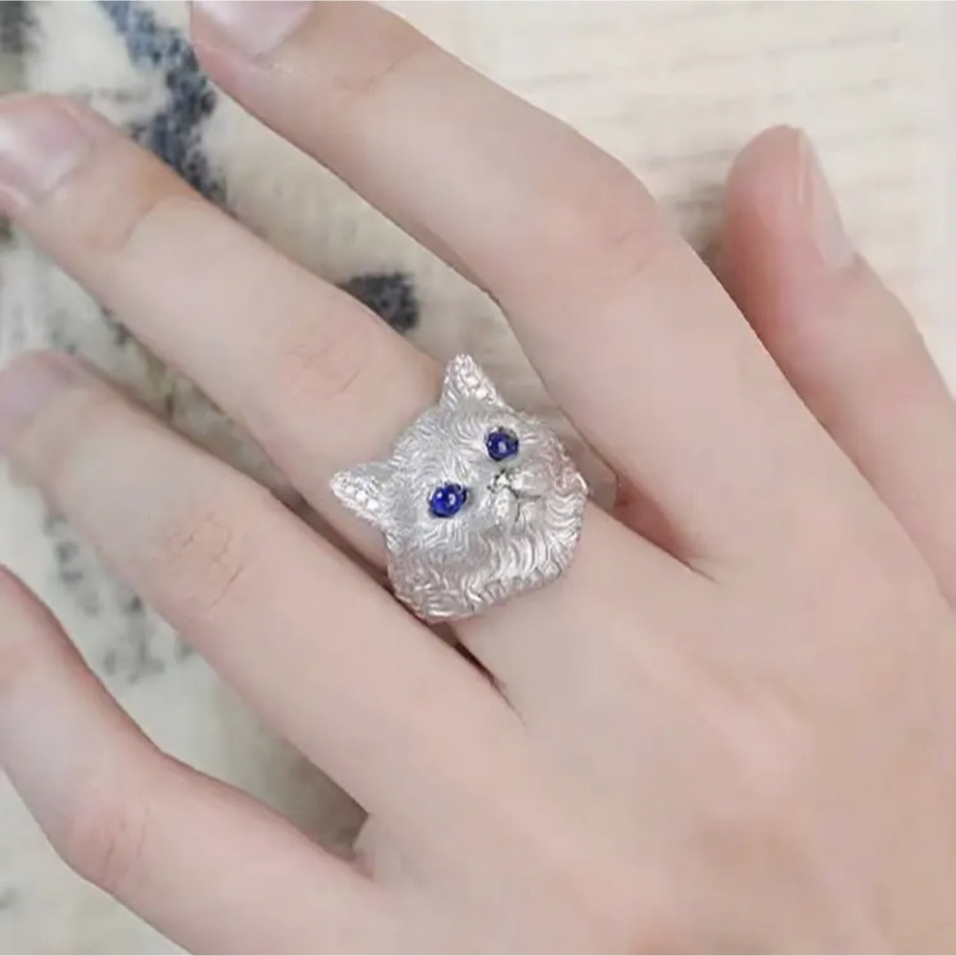 猫シルバーリング 指輪 サファイアブルー ねこモチーフ キャット ラインストーン