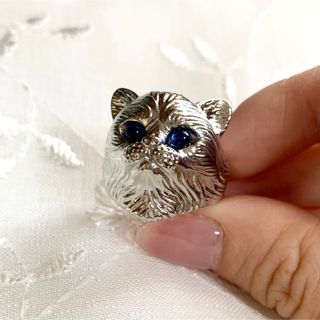 猫シルバーリング 指輪 サファイアブルー ねこモチーフ キャット ラインストーン