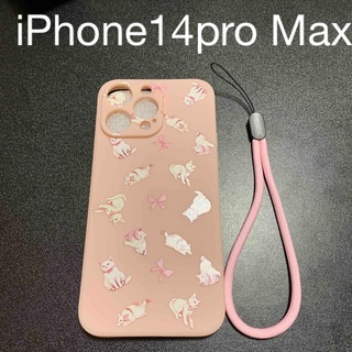 夢可愛い　猫　リボン　ストラップ付き　iPhone 14 pro Max ケース(iPhoneケース)