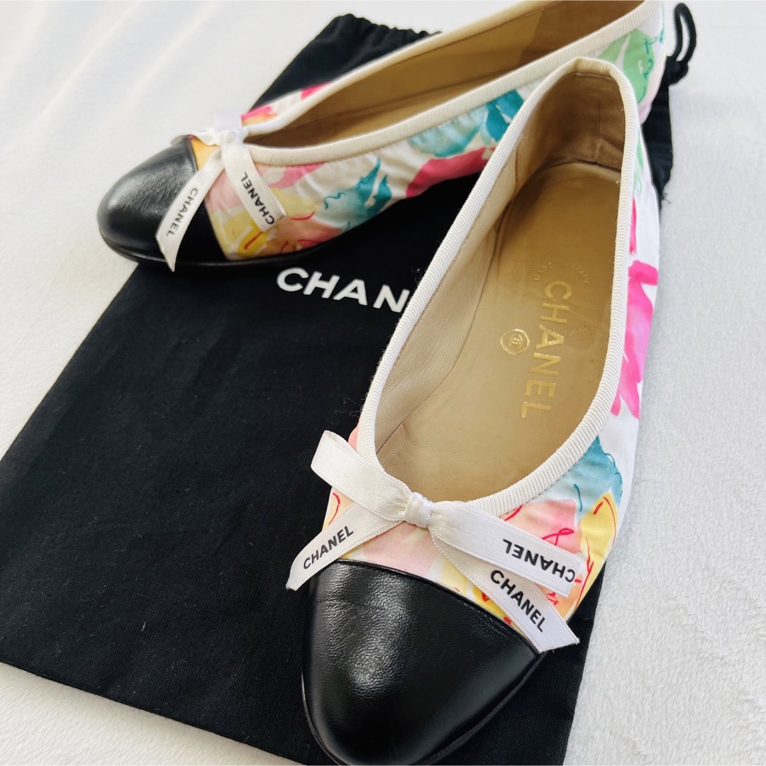 CHANEL おリボン　花柄　フラット　バレエシューズ　レザートゥ