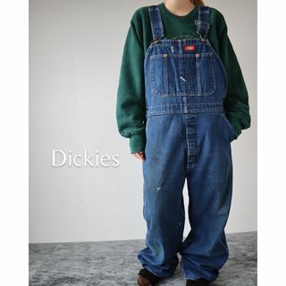 【Dickies】90s ヒッコリー デニム ルーズ オーバーオール 青 W36