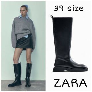 ZARA　フラット ニーハイ ブーツ　39サイズ　ブラック | フリマアプリ ラクマ