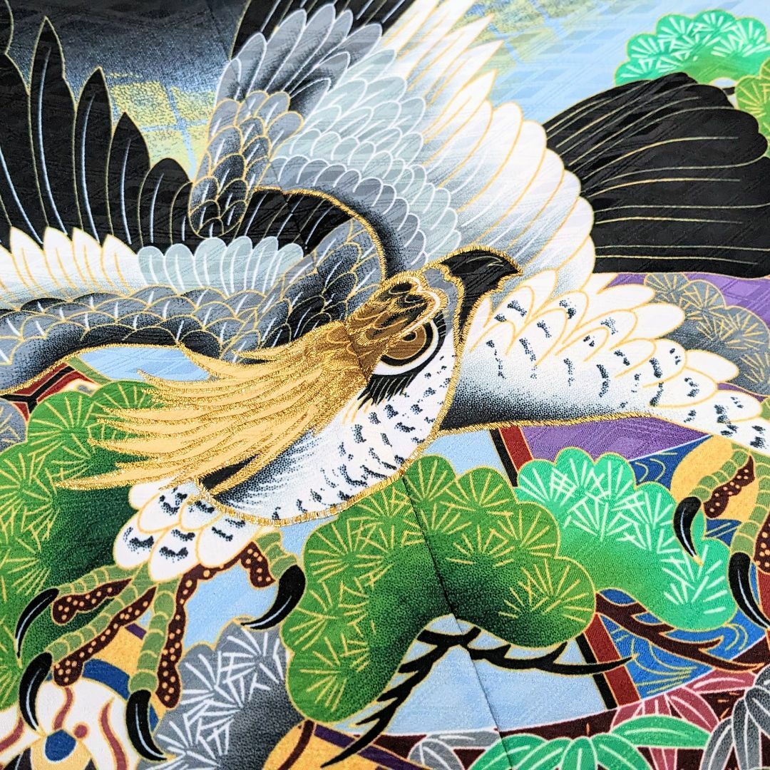 七五三 5歳 男の子 男児 着物 羽織 袴 セット 黒 鷹 松 金刺繍 5B-1 七五三 5歳 男の子 男児 着物 羽織 袴 セット 黒 鷹 松 金刺繍 5B-1