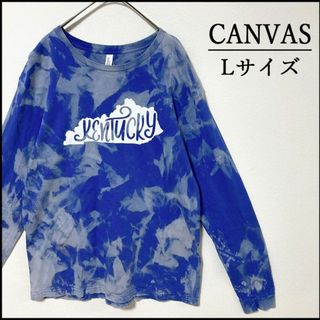 メンズタイダイブリーチ長袖TシャツL 古着屋 ロンT 総柄 青　プリント　薄手(Tシャツ/カットソー(七分/長袖))