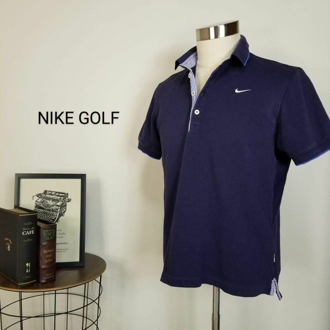 NIKE(ナイキ)のNIKE GOLFドライフィット異素材ドッキング鹿の子ポロシャツ半袖メンズL紺 メンズのトップス(ポロシャツ)の商品写真