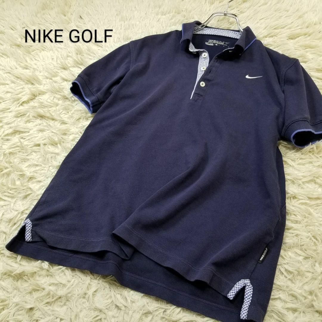 NIKE(ナイキ)のNIKE GOLFドライフィット異素材ドッキング鹿の子ポロシャツ半袖メンズL紺 メンズのトップス(ポロシャツ)の商品写真
