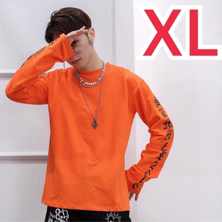 ロンT スケボー ダンス オルチャン 衣装 ストリート 黒 オレンジ 白 XL(Tシャツ/カットソー(七分/長袖))