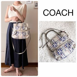 新品　未使用COACHキャンバスヘリテージストライプショルダーバック　白✖️ブルー