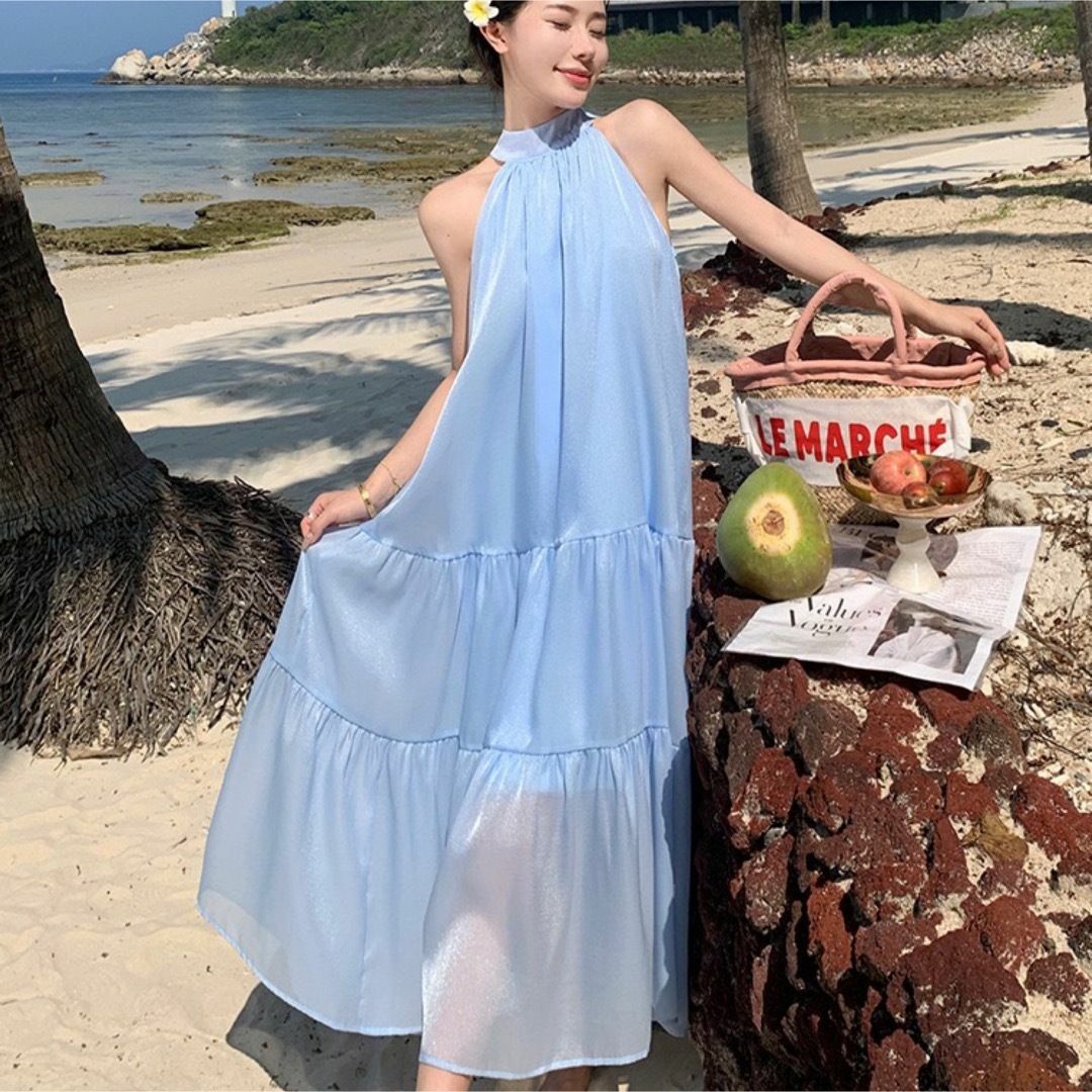 ロングワンピース❤︎L リボンホルターネック Aライン リゾート 旅行 マキシ丈