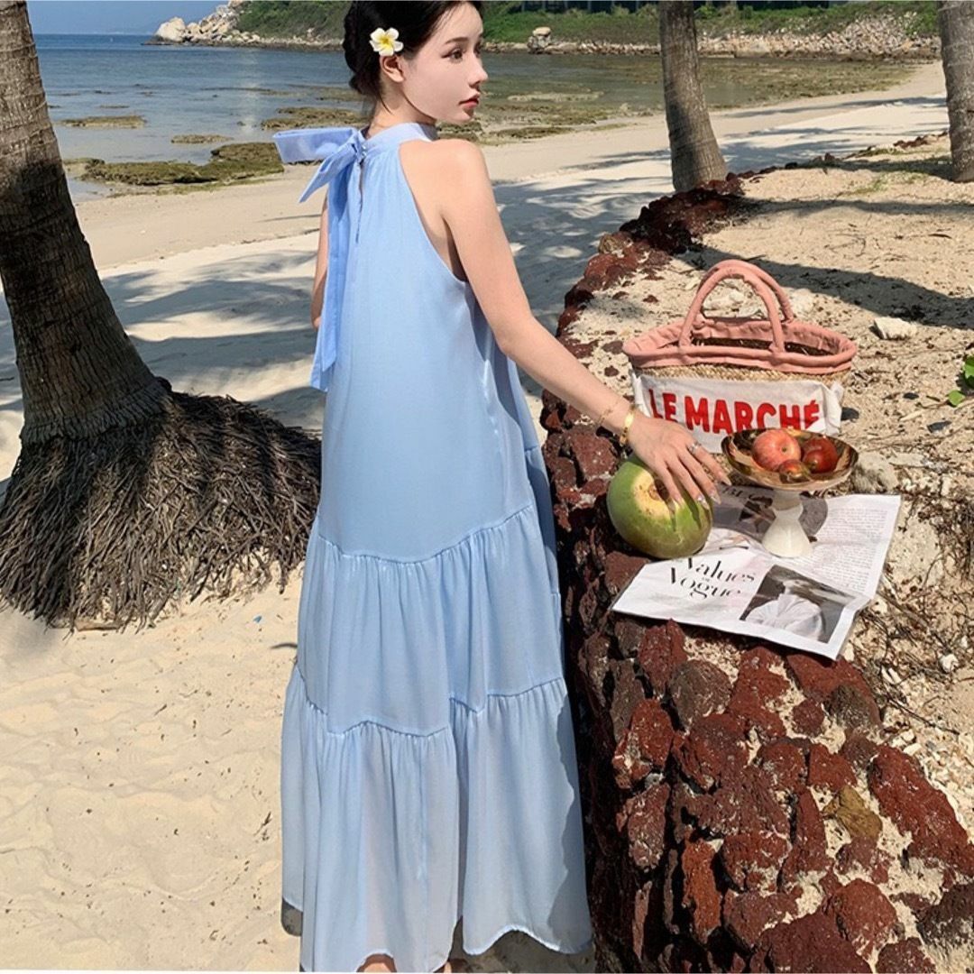 ロングワンピース❤︎L リボンホルターネック Aライン リゾート 旅行 マキシ丈