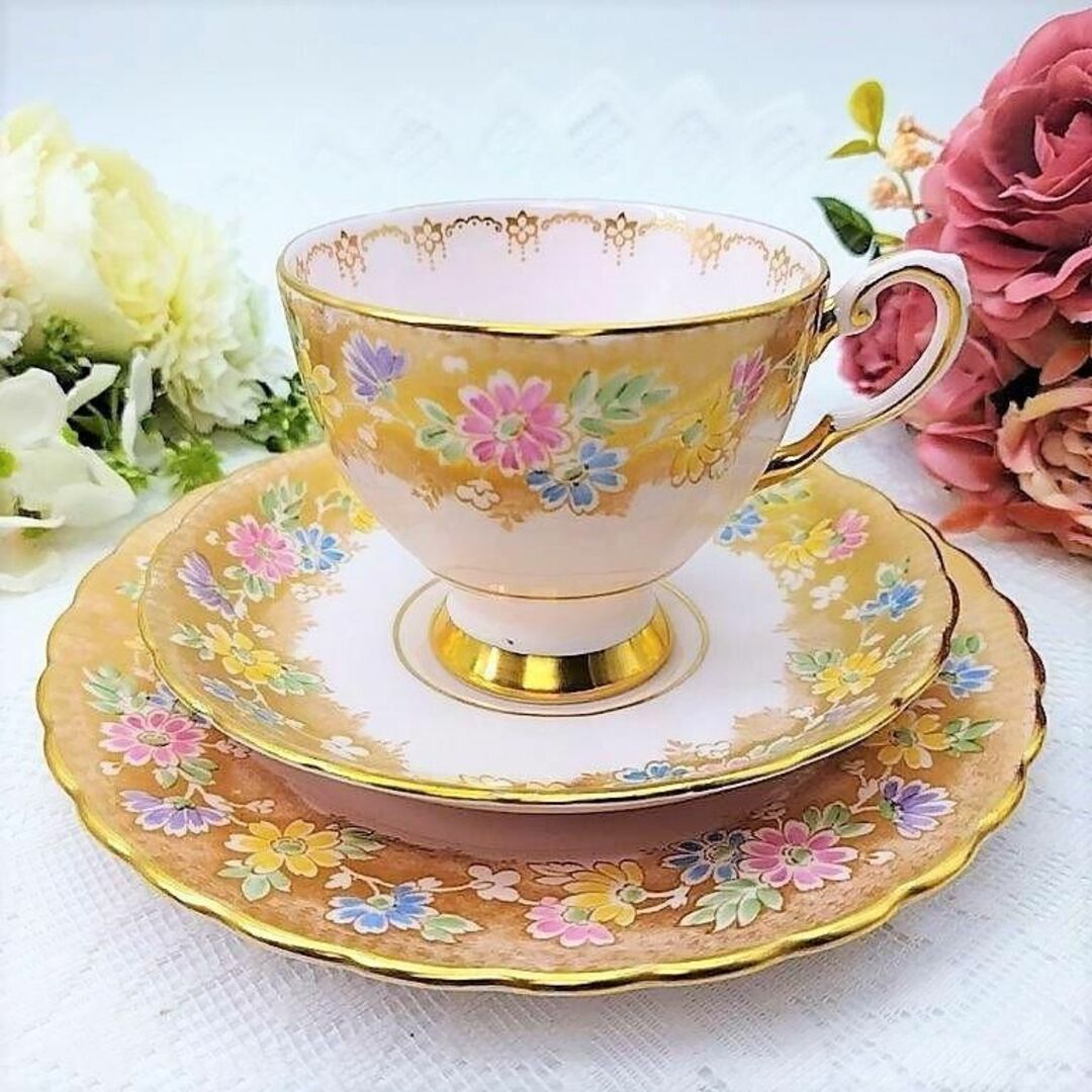 SALE❤ 英国 素敵 タスカンTUSCAN ピンク&ゴールドフラワー トリオB-