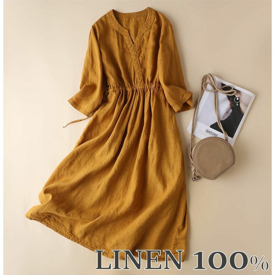 リネン100% ロングワンピース 服/韓国 秋 春 Mサイズ 長袖 黄色アウター