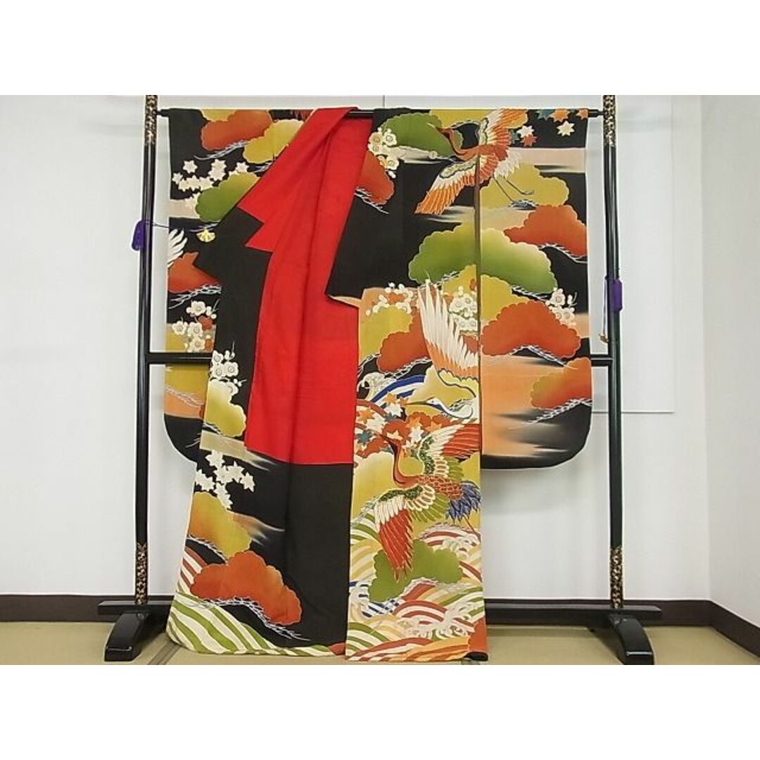 平和屋1□極上 アンティーク 大正ロマン 振袖 駒刺繍 立波飛鶴梅松楓文