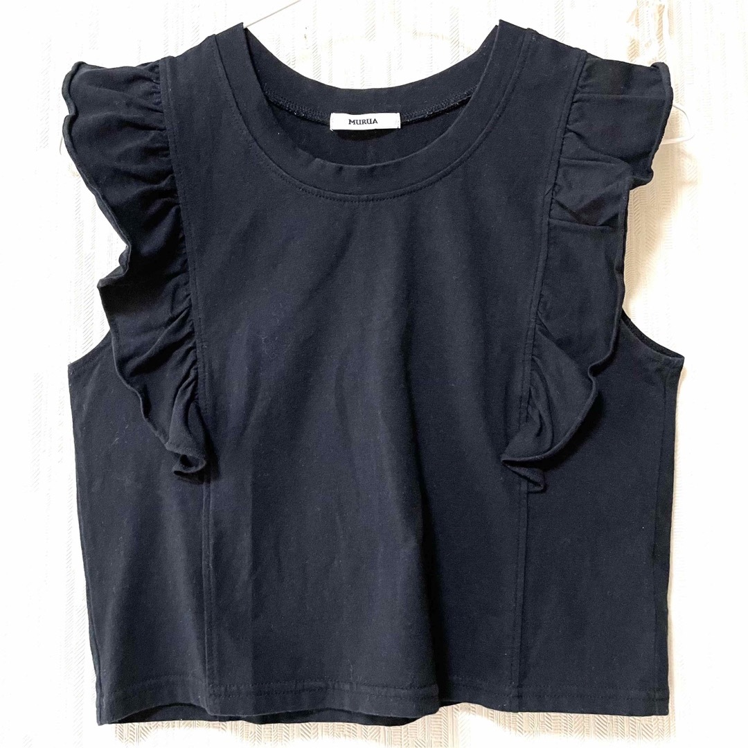 MURUA(ムルーア)のMURUA ムルーア フリルカバーTシャツ ブラック 袖フリル フレンチガーリー レディースのトップス(Tシャツ(半袖/袖なし))の商品写真