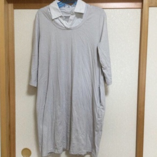 【Ｍ〜Ｌサイズ】グレー　チュニック丈　七分袖　Tシャツ(チュニック)