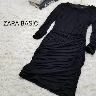 ザラ(ZARA)のザラベーシックZARABASICシャーリングギャザードレスワンピース米国XS黒(ひざ丈ワンピース)